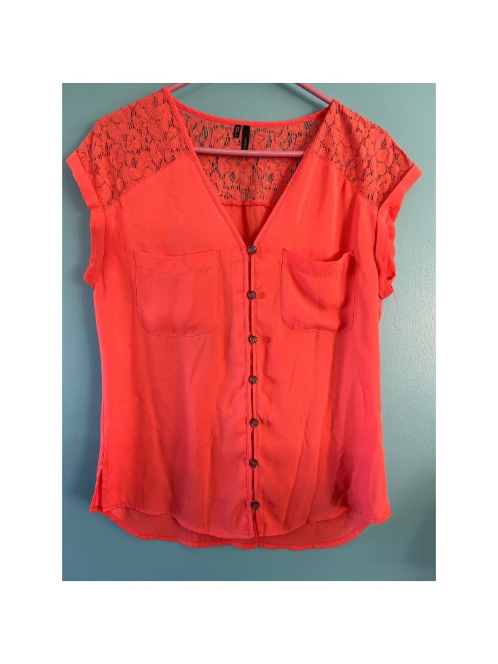 Maurices Lace Yoke Button Up Blouse Womens Small Coral Pink Short Sleeve Top